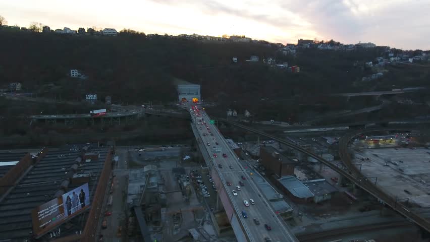Breathtaking Pittsburgh Skyline Sunset Sunrise Aerial Showcasing multiple bridges along the Monongahela River 4K