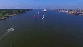Yacht sailing on lagoon. Sailing boat. Yacht from drone. Yachting video. Yacht from above. Sailboat from drone. Sailing video. Yachting at windy day. Yacht. Sailboat - 007