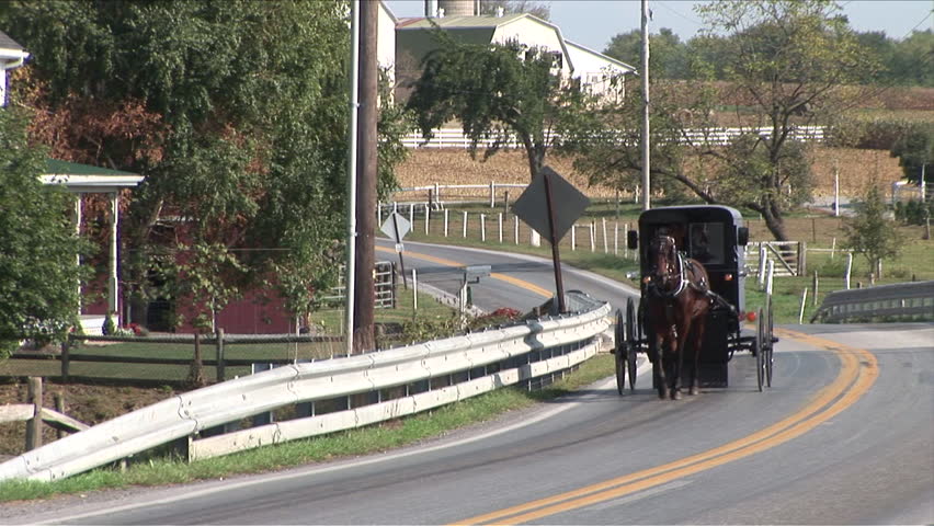 Amish horse and buggy going down the road next to a farm in Lancaster, Pennsylvania