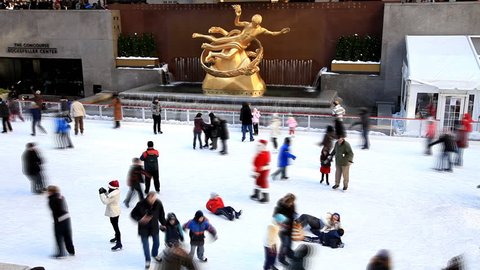 NEW YORK, USA - DECEMBER 25: (Timelapse View) Ice Skating on Christmas day in Rockefeller Center December 25, 2009 in New York, USA.