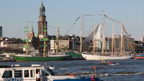 HAMBURG, GERMANY - MAY 07, 2016: Port festival on the river Elbe with the view on historical center