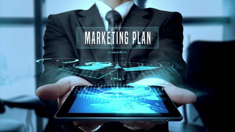 Marketing Plan Branding Campaign Solution Concept Businessman Using Hologram Tablet Technology - Loop