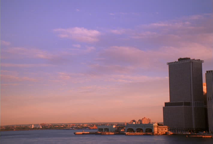 Right pan across Manhattan skyline at morning, pre-2001