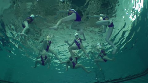 Synchronized swimming, team training, underwater.