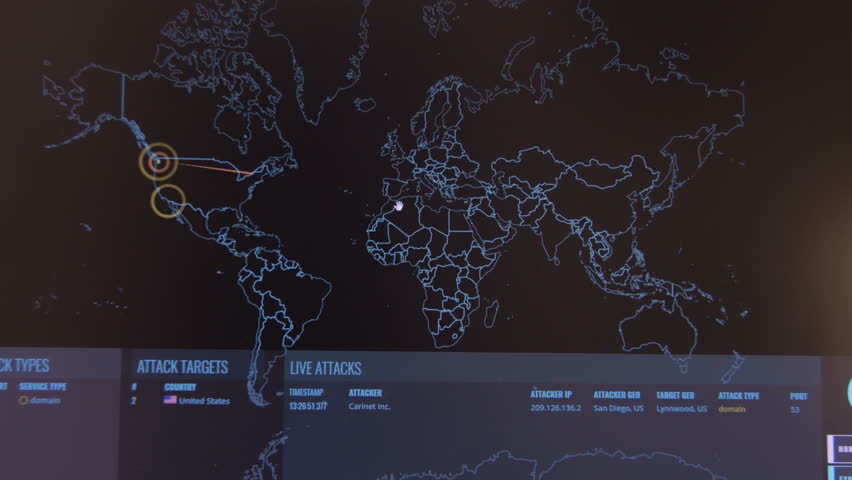 World map with different targets for cyber attack. Hacking and technology concept Royalty-Free Stock Footage #24496775