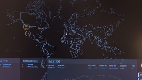World map with different targets for cyber attack. Hacking and technology concept