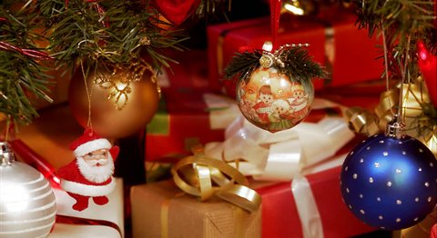 Christmas tree decorations and presents Stock Video