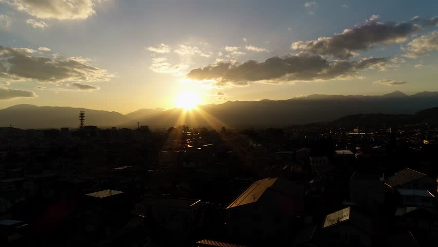Aerial : Amazing sunset in Nagano Japan Flying dolly shot 