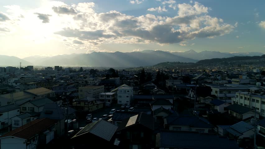 Aerial : Amazing sunset in Nagano Japan Flying dolly shot 