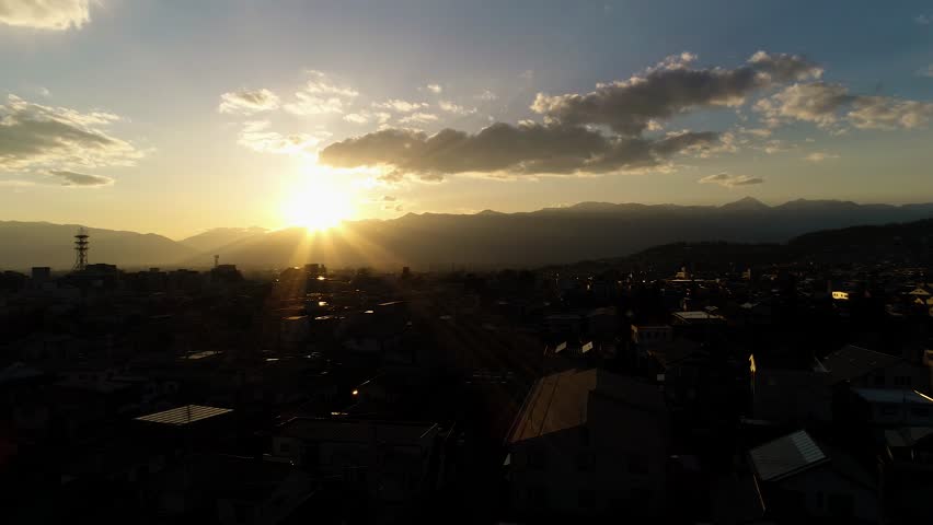 Aerial : Amazing sunset in Nagano Japan Flying dolly shot 
