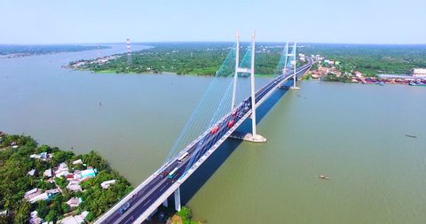 Flycam: The My Thuan Bridge is a cable-stayed bridge over the Mekong river. The bridge was the largest overseas assistance project undertaken by the Australian government costing A$91 million.