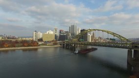Pittsburgh 4K Aerial Reveal of Downtown Pittsburgh over the Fort Pitt Bridge and Monongahela River