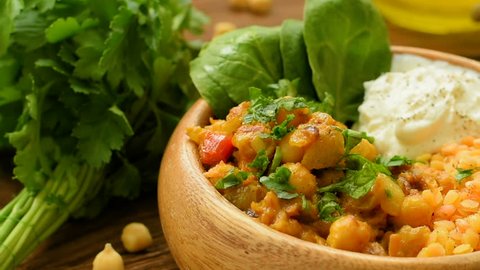 Pumpkin, red lentil and chickpea curry