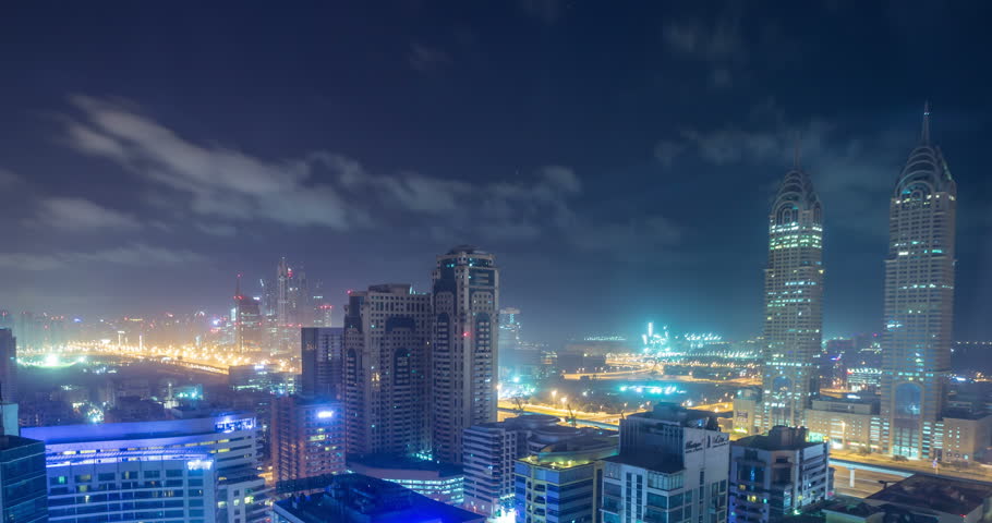 Time lapse aerial view skyscraper foggy weather Dubai