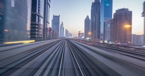 Time lapse journey on the modern driverless Dubai elevated Rail Metro System, running alongside the Sheikh Zayed Road