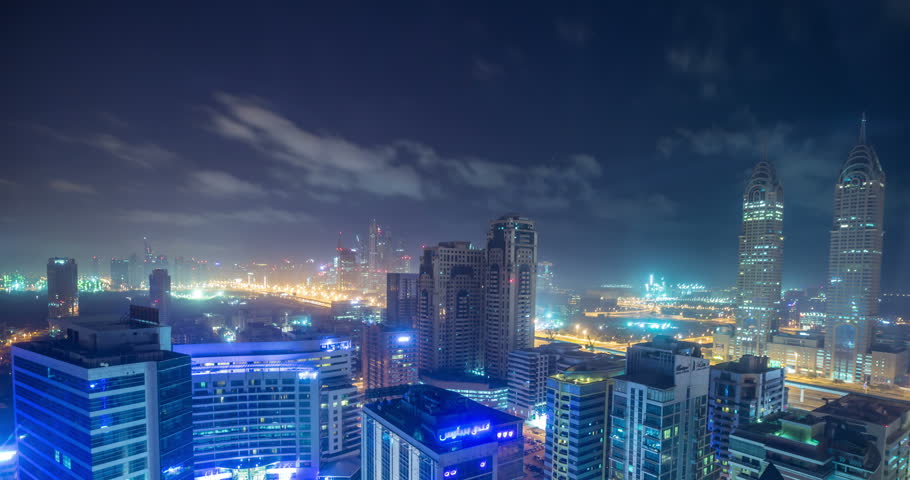 Time lapse aerial view skyscraper foggy weather Dubai