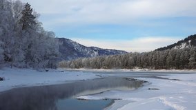 Blue Lakes on Katun river in Altai mountains in winter season. Siberia, Russia
