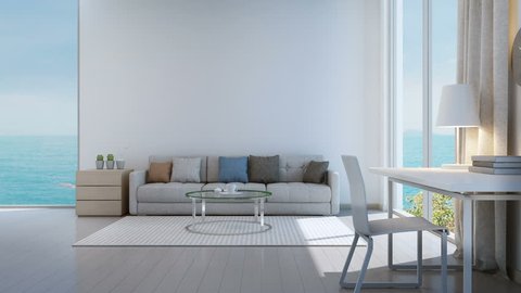 Sea view bedroom, living room and working area in luxury beach house - 3D rendering