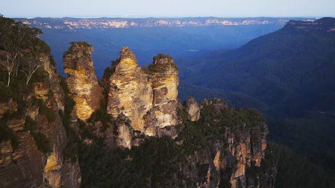 a panning shot of the Three Sisters at Katoomba in the Blue Mountains, Australia