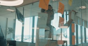 Business woman presenting her ideas to male colleague on sticky notes over glass wall. Business man and woman brainstorming in modern office. 