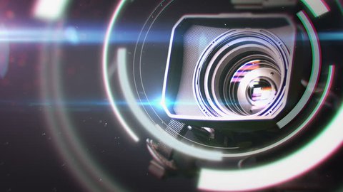 TV intro. Movement of the camera lens with lights.
