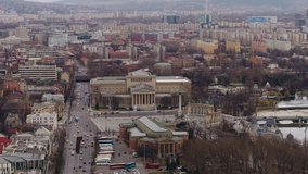 Aerial video shows the Heroes Square and part of the Public Park of Budapest