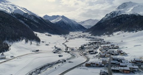 Aerial view of Livigno alps ski resort in winter, Lombardy, Italy