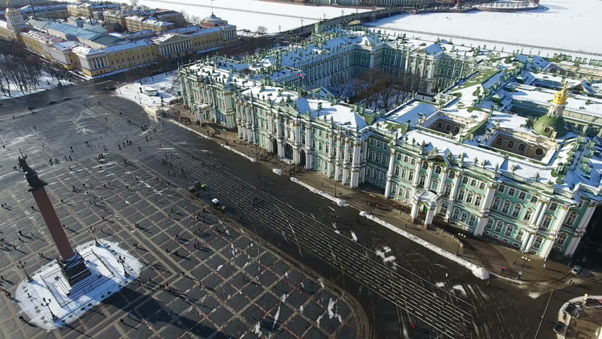 The central part of the southern facade of the Winter Palace and the Alexander Column are on Palace Square. Aerial view from drone. Saint-Petersburg, Russia