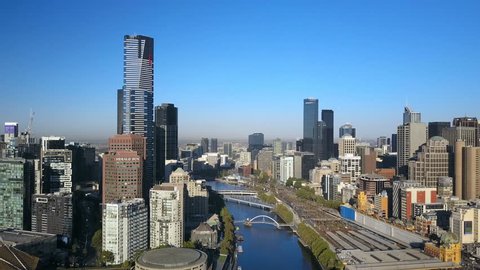Melbourne, Australia - March 1, 2017: 4k aerial video of flying toward Melbourne CBD