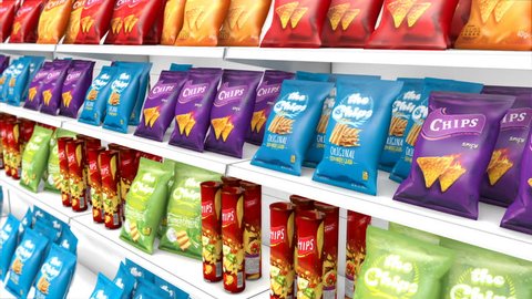 Camera moves along Snacks and Chips Food Aisle at Grocery store. Generic (fictitious) Packages in focus. Unhealthy salty food diet concept. (Seamless Loop)