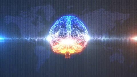 Brainstorm - animated 3d model of human brain against digital background of Earth map as data and a pulsing electrical brainwave.