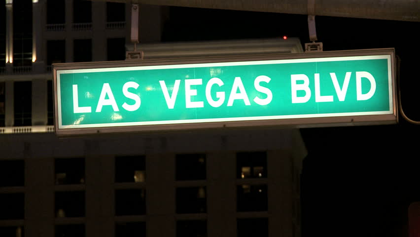 Illuminated Street Sign Las Vegas Boulevard at night. The Las Vegas Strip is