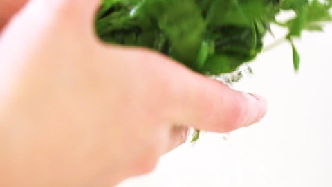 Woman's hands washing fresh parsley under running water