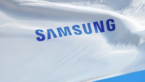 Samsung company flag waving in slow motion against blue sky, editorial animation, seamlessly looped, close up, isolated on alpha channel with black and white matte.
