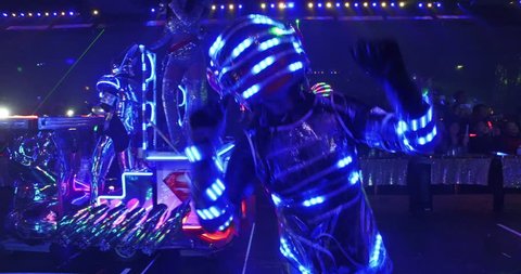 Tokyo - March 2016 : Futuristic LED dancers during the Robot Restaurant robotic laser light cabaret show in Kabukicho