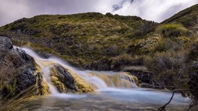 4k time lapse of a beautiful waterfall flowing out of the yellow colored, silica rapids at Mount Ruapehu  in New Zealand.