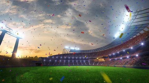 stadium Moving lights, animated flash  with people fans. 3d render illustration cloudy sky. Confetti and tinsel