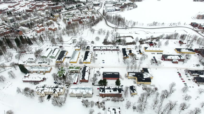 Museum buildings of fortress of Lappeenranta (Lappeenrannan linnoitus) on Kristiinankatu street at winter season. Aerial view. Lappeenranta, Finland, Europe