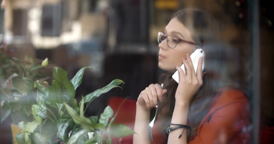 Beautiful woman talking on cellphone in cafe