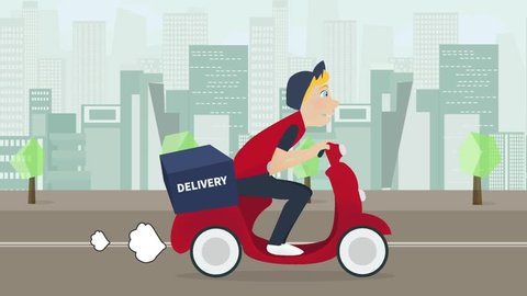 Delivery service. Cartoon young man riding a  Scooter Motorcycle with delivery box on it. Looped animation. Man on cityscape background.
