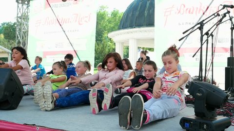 Sofia, Bulgaria - 15 September 2016: kids outdoor activities, healthy lifestyle, children doing morning exercises outdoors, active sports girls in Sofia 15 September 2016.