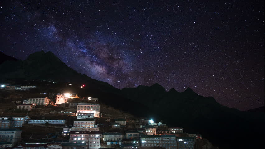 Milky way over mountain timelapse.Mountain peak time lapse.Milky way Galaxy observatory nighttime.starry night scenic landscape.Space in universe moving over mountain.