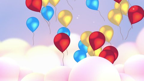 Colorful balloons flying up in the sky, passing through white clouds. Beautiful pastel color cloudscape background. Shining lights and sparkling particles. Happy Birthday party cartoon animation.