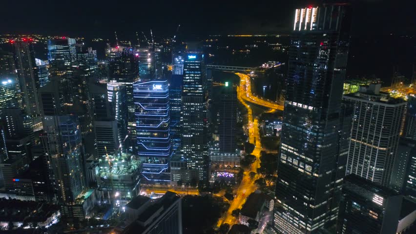 Singapore night traffic Citu illumination Aerial