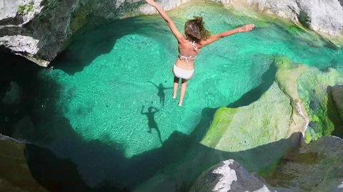 Beautiful couple diving fearless into clear blue river water on active adventure travel vacation pov GoPro