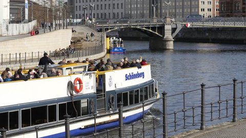 BERLIN, GERMANY - MAR 04, 2017: City Center Water Channel People Tourists Float A River Bus Tour
