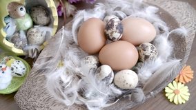 Easter decoration.Quail Easter eggs in basket for a happy Easter holiday.