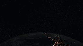 Loopable: Planet Earth. Simulated orbital space flight over the surface of the night planet Earth (South America, Japan, Russia, China, India, Arab World, Europe and Africa). (av36013c)