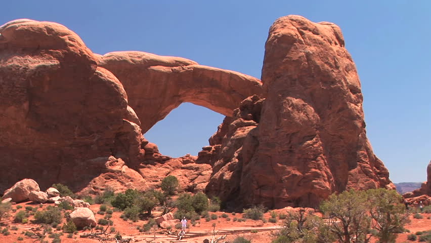North and South Window arch in Arches National Park, Utah, pan
