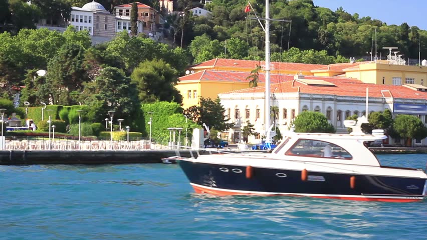 Bosporus, Ortakoy coast from the waterside. Istanbul, Turkey. 
